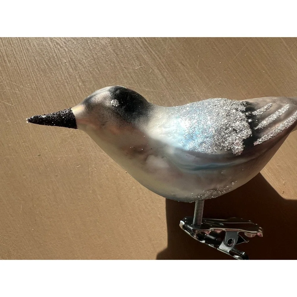Inge-Glas Forest Finch Glass Ornament Silver Blue Clip-On Germany 34-718